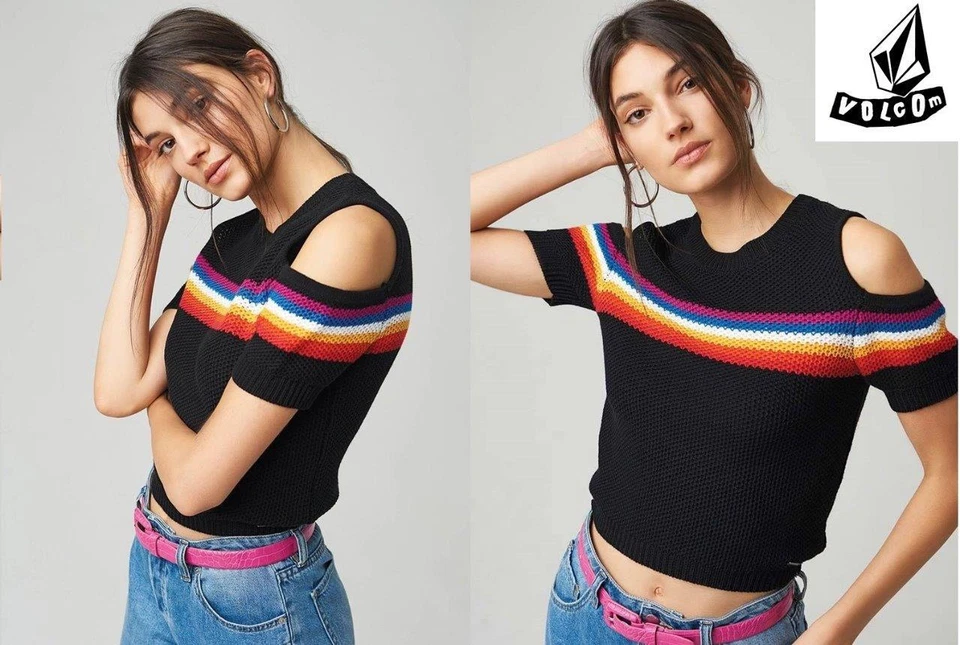 Volcom Size 12 Womens Waffle Knit Top Short Sleeve Shoulder CutOut Sweater Black - Image 3 of 4