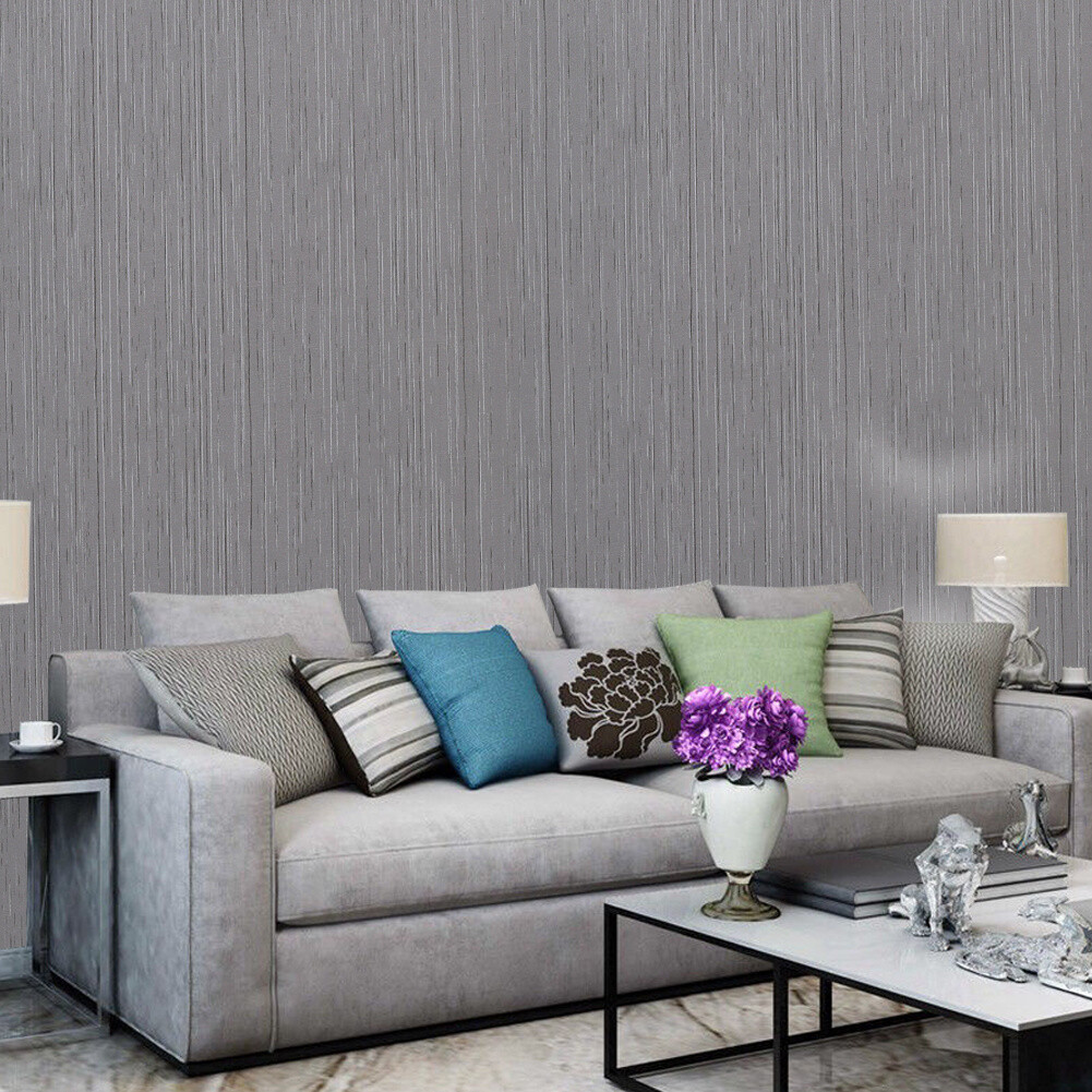 Grey Linen Effect Wallpaper Plain Texture Vinyl Wall Paper Self
