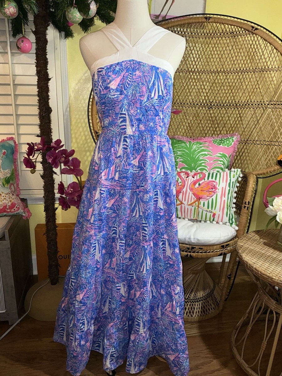 chinese dress ladies JENETTE COTTON HALTER MAXI, BOCA BLUE ITS A SAILABRATION