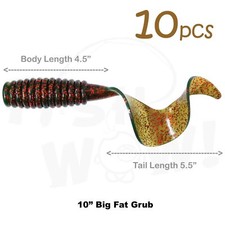Fish WOW! 10pcs 10" (w/ curly tail extended) Perch Grub Fat Soft Lures Motor Oil