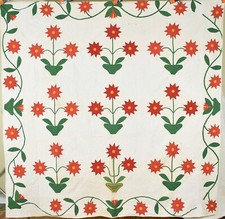 Large 1860's Red, Green  Cheddar Flower Pot Lily Applique Antique Quilt 