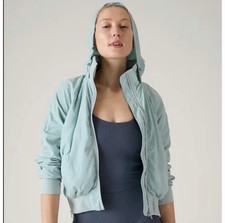 Athleta Jetset Bomber Jacket Ruched Ice Dawn Blue Casual Women MP Petite Medium