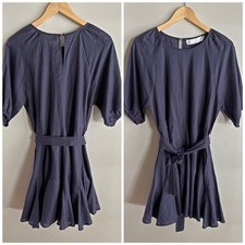 ZK Australia Blue Gray 100% Linen Tie Waist Midi Dress Minimalist Size US 6-8