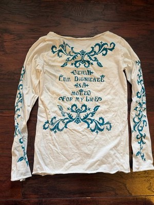 Grande Bene White Blue  Long Sleeve Cotton Top Women M/l