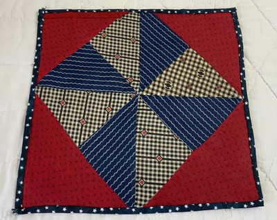 Antique Vintage Patchwork Quilt Table Topper, Pinwheel, Early Calicos, Red, Navy