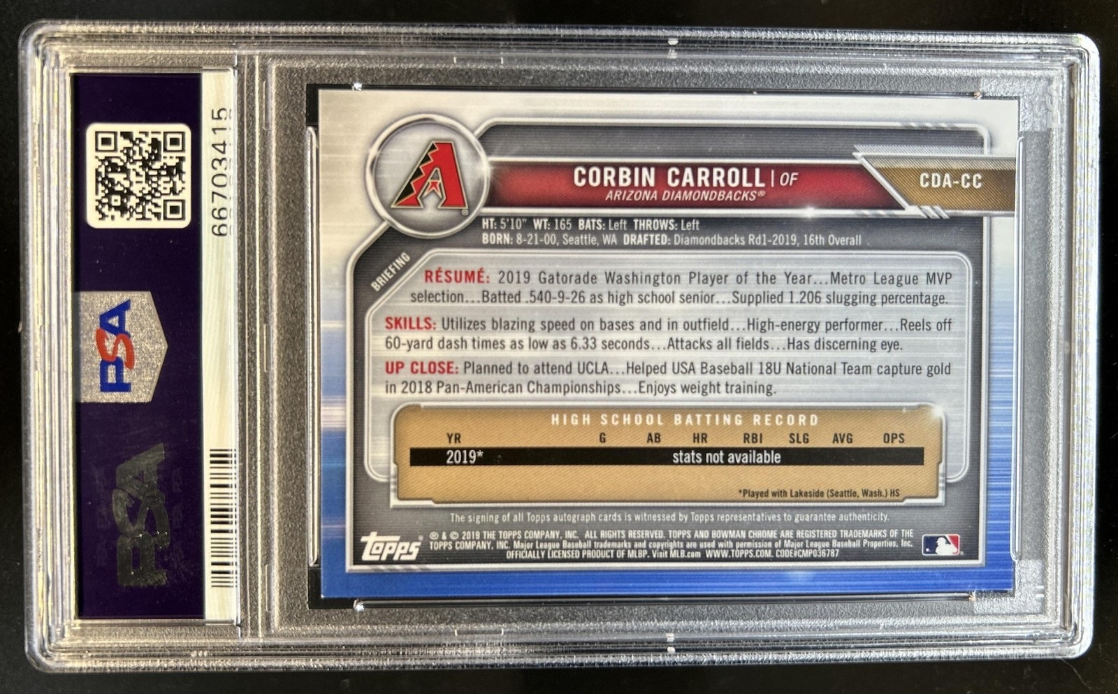 2019 Bowman Draft Corbin Carroll Chrome Auto Purple Refractor 1st #/250 PSA 9 view 2