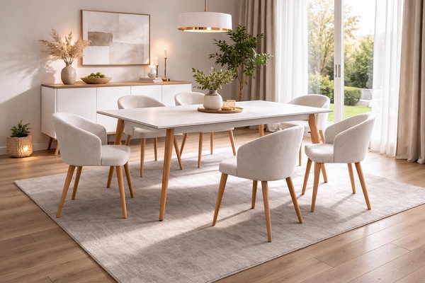 Stilvolles WeißEs Esszimmer-Set Rechteckiger Esstisch Gepolsterte StüHle-image
