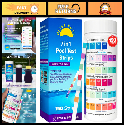 7-in-1 Pool Test Strips (150 Count) with App - Easy Water Testing for pH, Chlori
