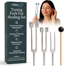 Tuning Forks for Healing Set (128Hz, 256Hz, 512Hz) with Reflex Hammer & Bag