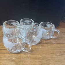 Nestle Coffee Cups Nescafe Etched Clear Glass World Globe Map 5 Mugs Vintage
