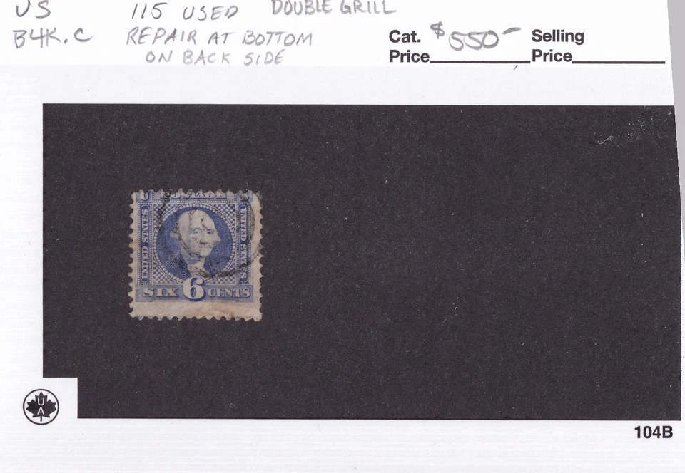 MATT'S STAMPS SCOTT #115 GEORGE WASHINGTON 6-CENT 1869 DOUBLE GRILL ,USED CV$550 - Image 3 of 3