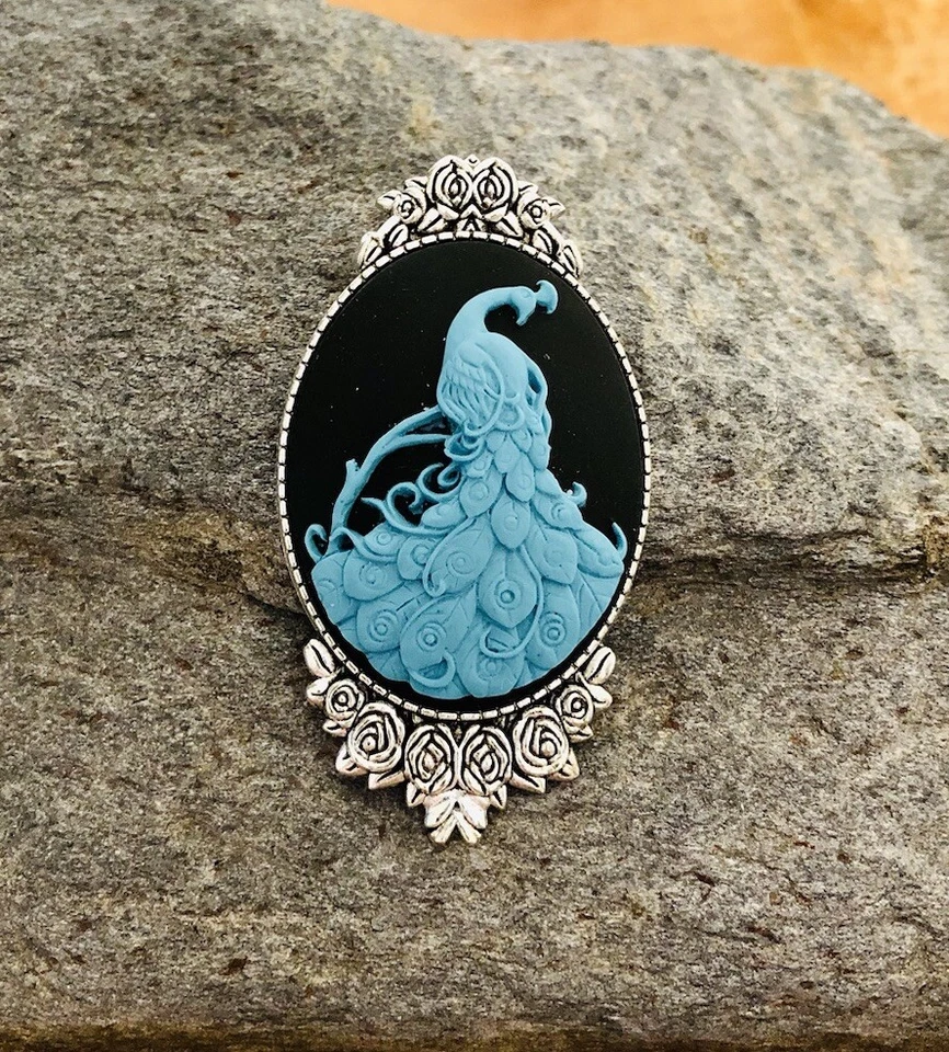 Broche Prendedor Camafeo Pavo Real, Color Azul Turquesa, De Colección Victoriano Plata Antigua Foto 3 de 4