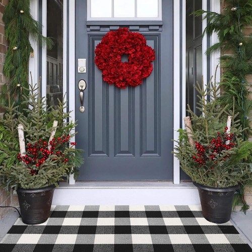 KIMODE Front Door Mat Buffalo Plaid Outdoor Rug 27.5"x43" Black and White - 第 1/8 張圖片
