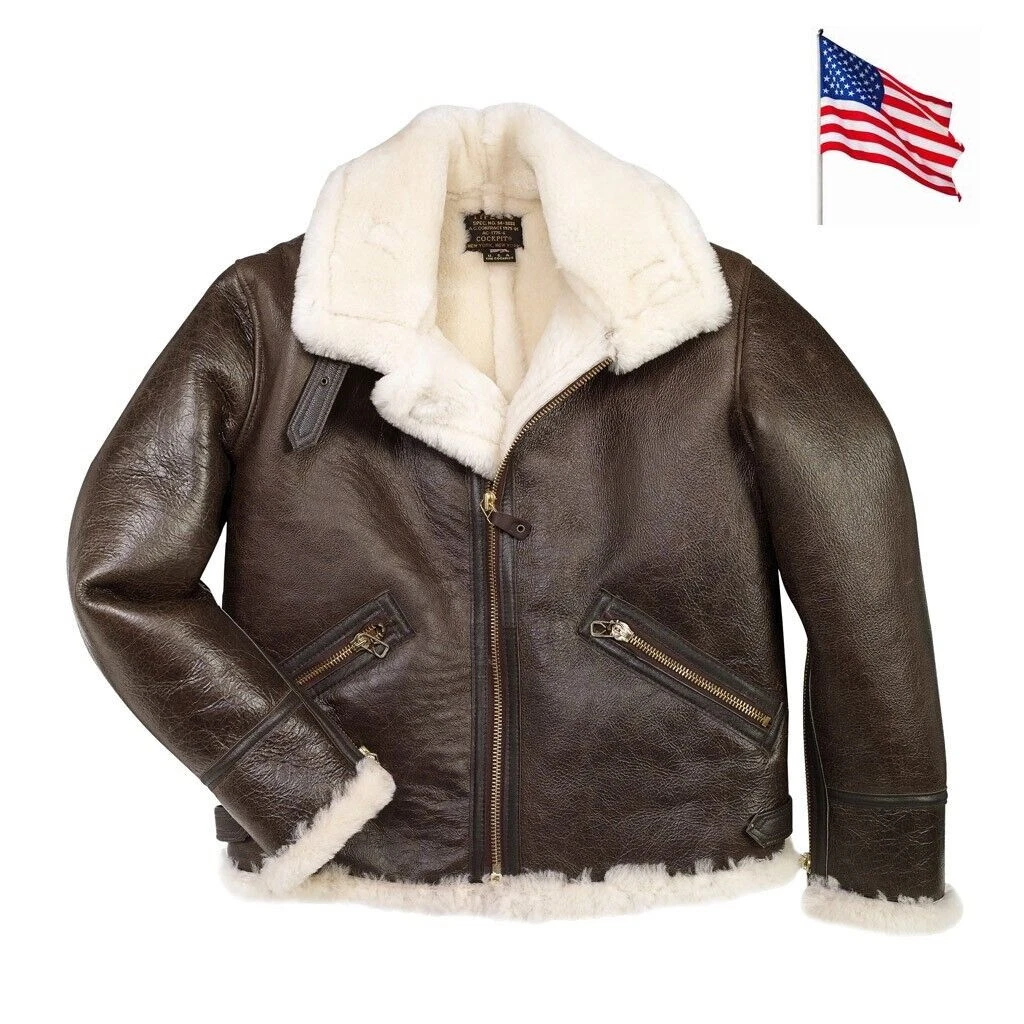 Men's B-3 WW2 US Navy RAF Aviator Flying Pilot Fur Shearling Real Leather Jacket