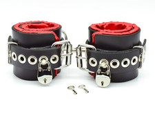 Locking Red Satin Lined Leather Ankle Bondage Cuffs by Axovus