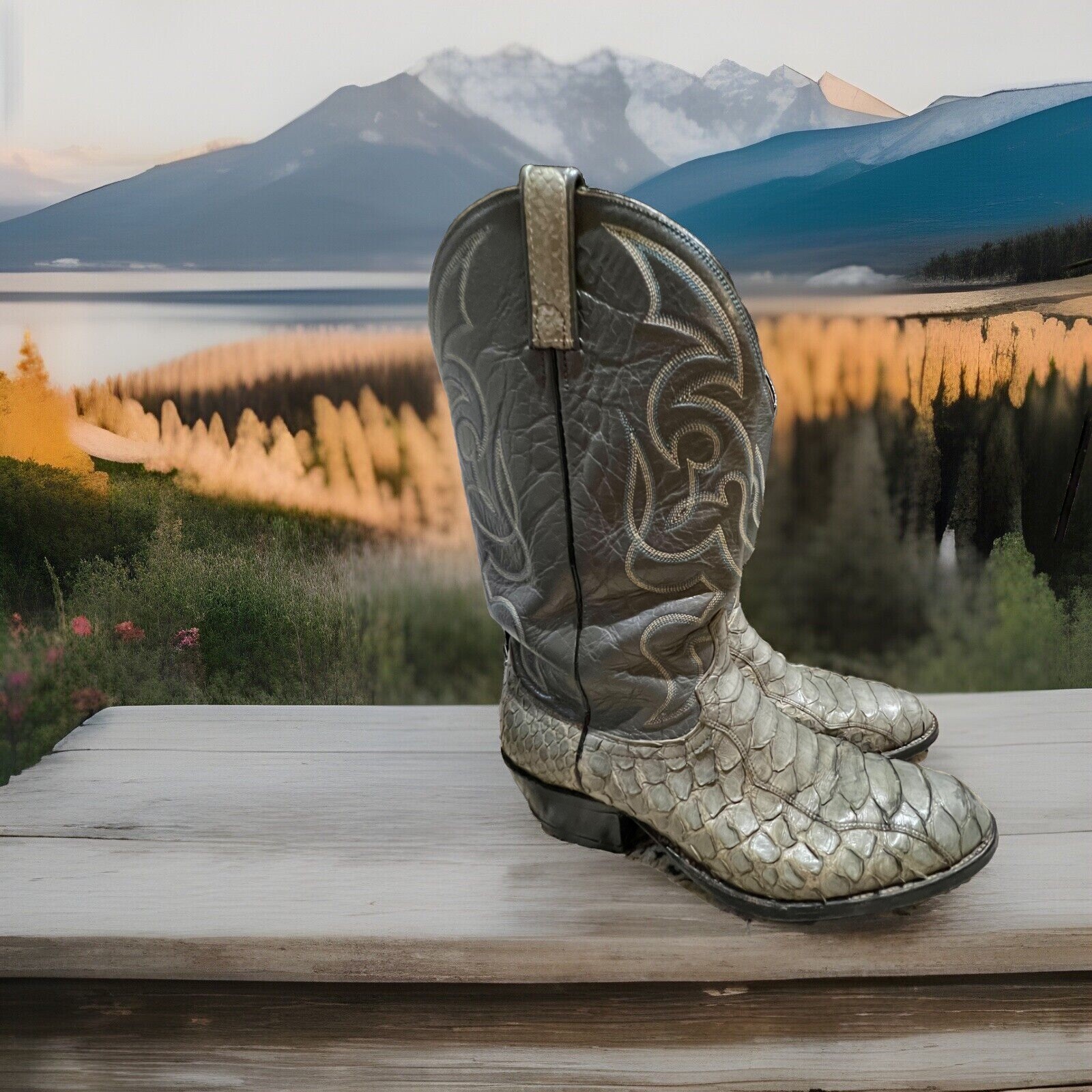 Vintage Dan Post Gray Textured Python Cowboy Boot… - image 1