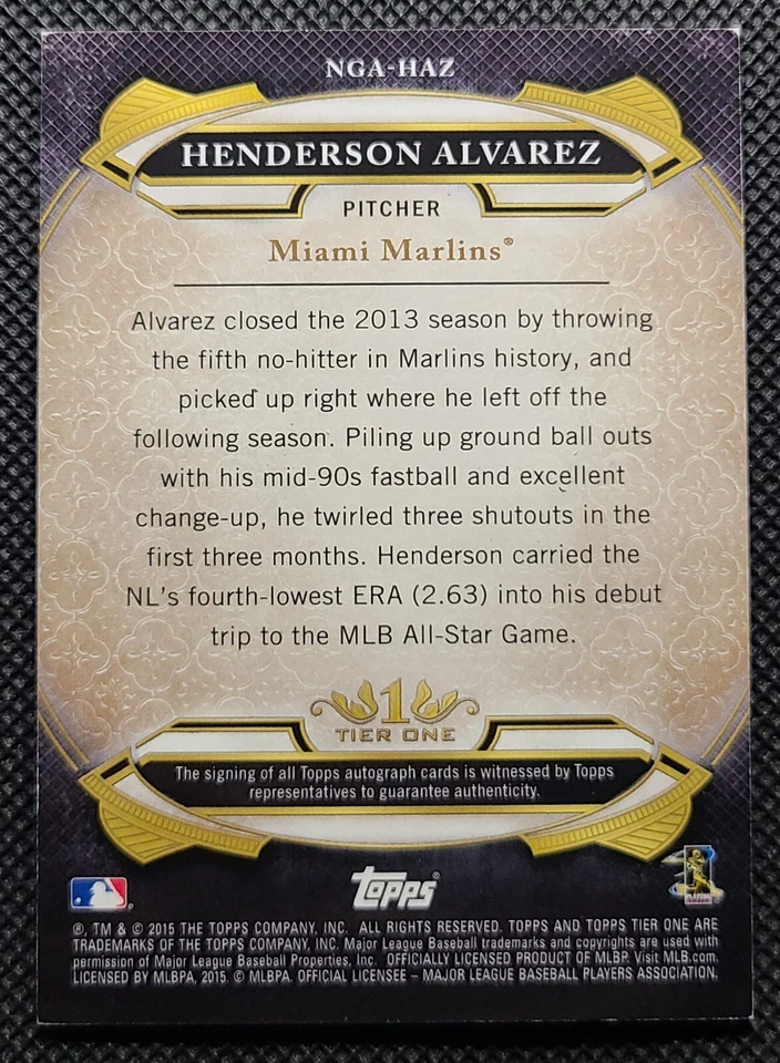2015 Topps Tier One Henderson Alvarez New Guard 金色墨水签名 1/1 MARLINS — 第 2/2 张图片