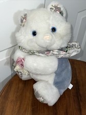 Vintage White Gray Kitty Kitten Cat Floral Ears Holding Pink Rose Plush 12"