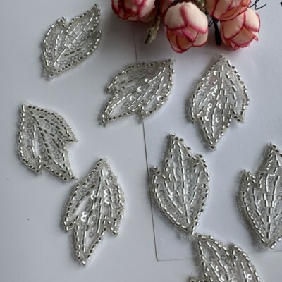 5X Shiny Beaded Sequin Leaf Applique for Clothes Wedding Dress Floral Patches