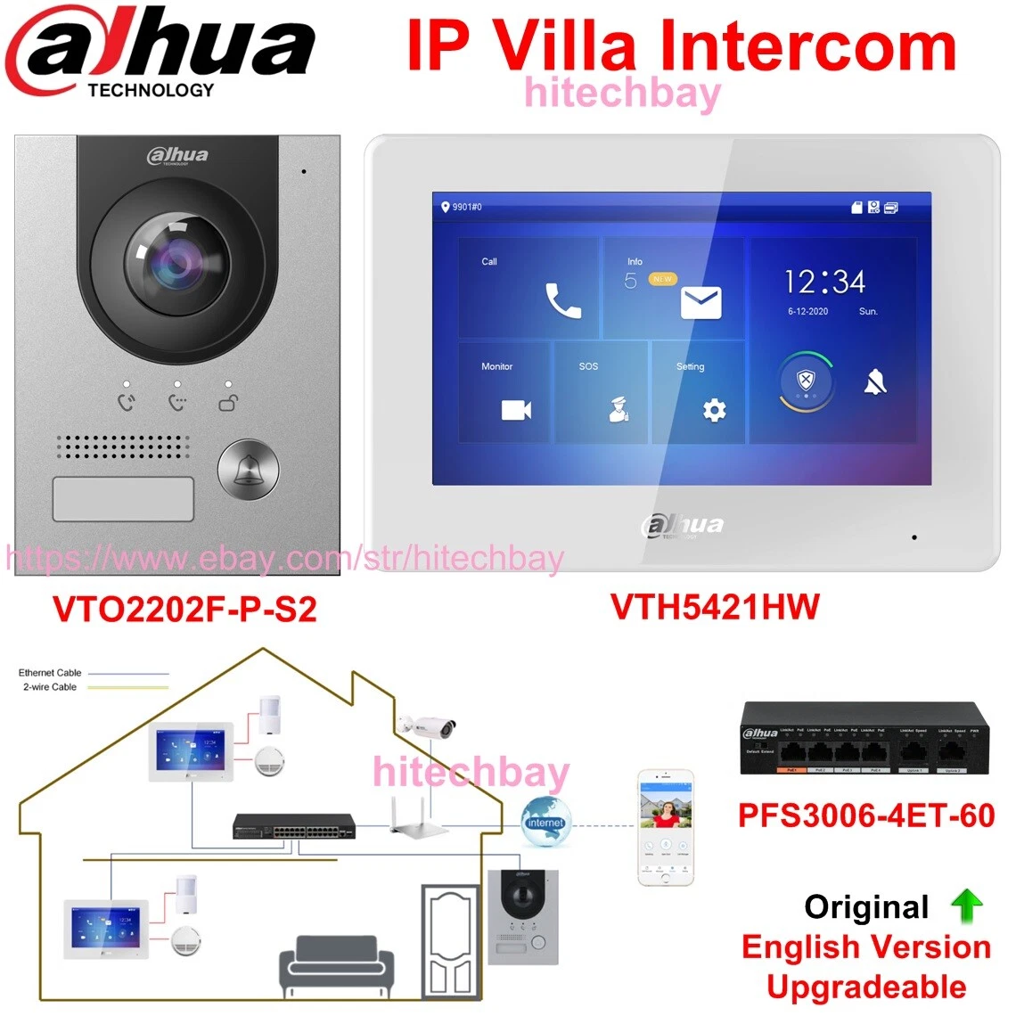 Dahua IP Video Intercom VTO2202F P S2 Door Station VTH5421HW Indoor Monitor PoE