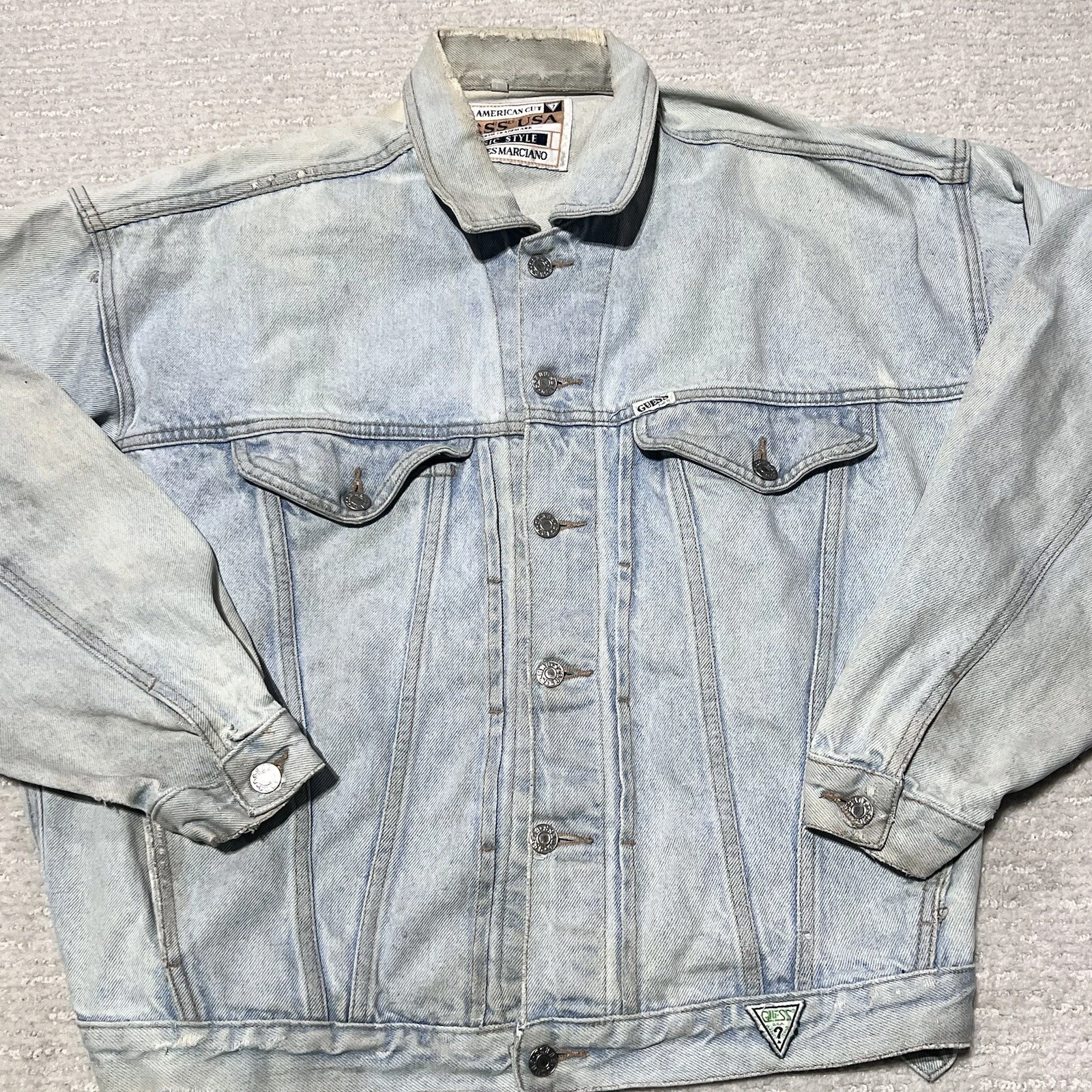 Vintage 80 Guess Georges Marciano Green Label Mens L Denim Jacket Distressed USA