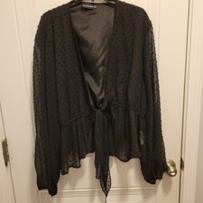Women's PrettyLittleThing Blouse - Black Lined with Sheer Long Sleeves - Size 22