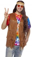 60's Fringed Vest Br Faux Suede Look Groovy Hippie retro Costume Vest Std XL