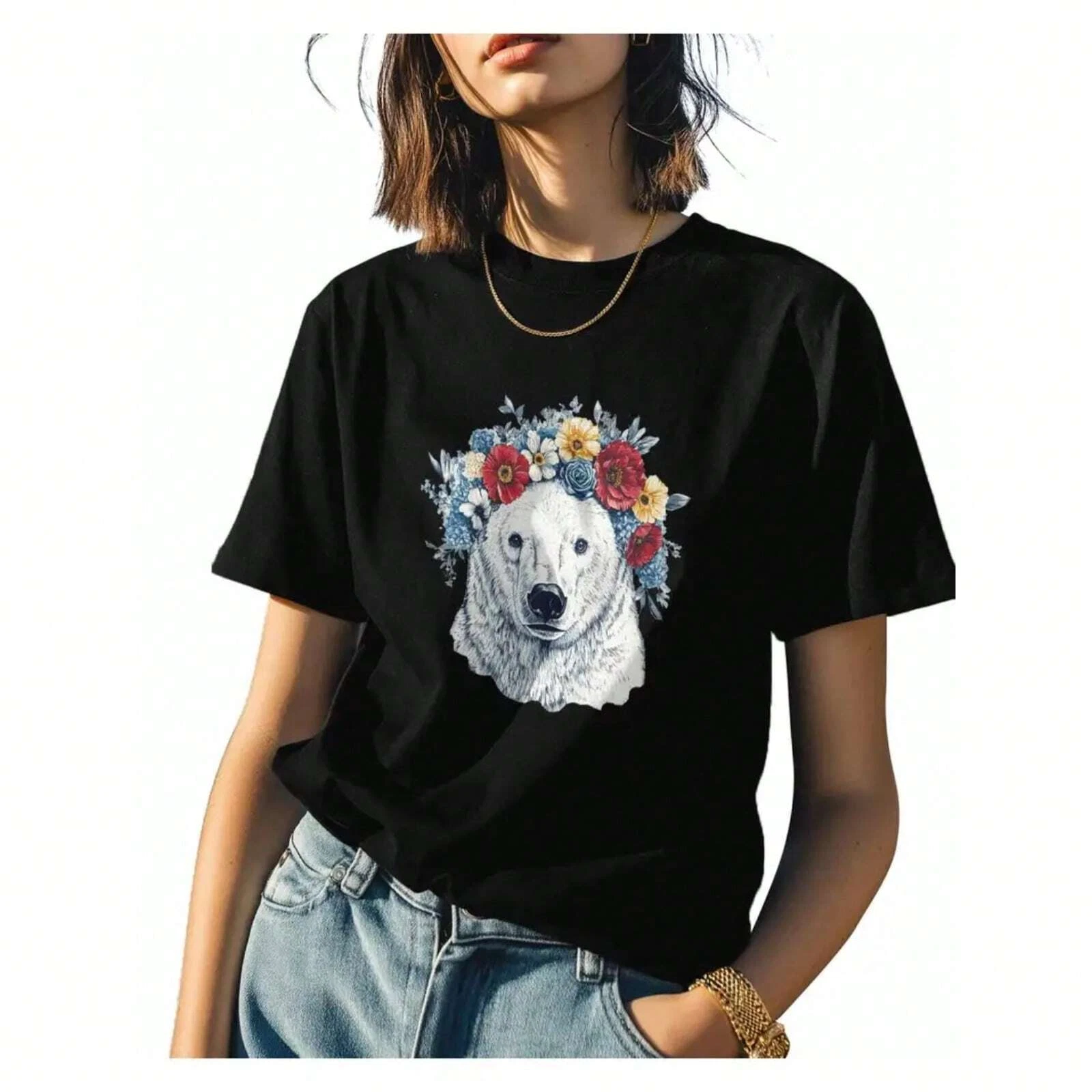 100% Cotton Women's Polar Bear Flower Wreath Graphic Tee-image