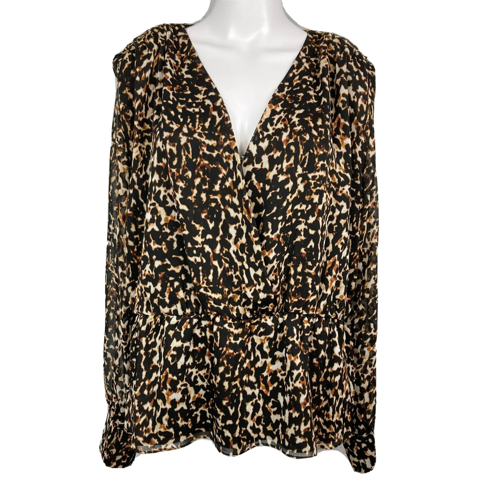 DKNY Shirt Womens Sz L Beige Black Leopard Surplice V Neck Peplum