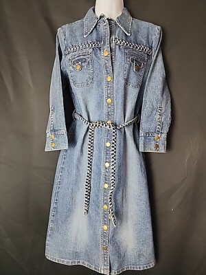 VTG Moda International Blue Denim Size 6 Dress Midi Belted Braid Accent Priority