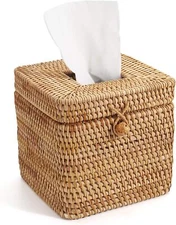 Decorative Woven Rattan Tissue Box Cover, 5.7"x5.7"x5", Hinged Lid