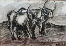  BATTAGLIA ROMANO (1933 - 2012) DIPINTO ACQUERELLO BUOI QUADRO CON CORNICE '900