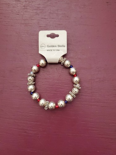 Golden Stella Silver Color Beaded Stretch Bracelet with Red/Blue Accent Beads