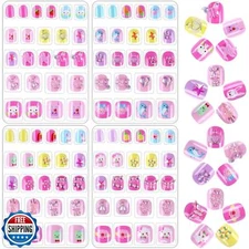 JANYUN Children False Nails, 96Pcs Stick on Nails for Kids Pre-glue Full Cove