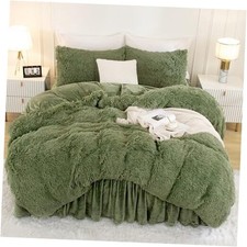 Faux Fur Sage Green Comforter Set Queen Size, 3 Queen 90"x90" 06 - Green