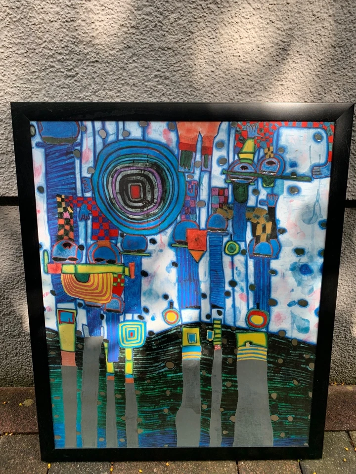 Hundertwasser Blaues Blau in Schwarzen Rahmen gerahmt 54x 45 cm Wandbild Wie Neu - Bild 1 von 4