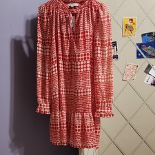 LOFT Red White Heart Polka Dot Ruffle Long Sleeve Tie Knee Dress Size M
