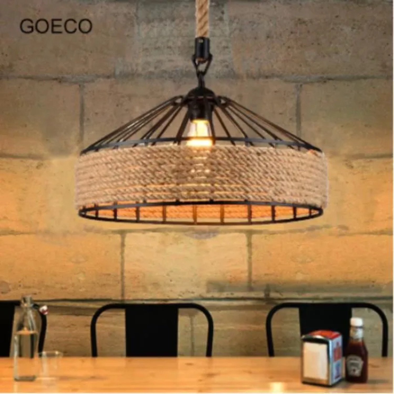 Lustre industriel vintage à hauteur ajustable en corde naturelle pour ampoule LED E27