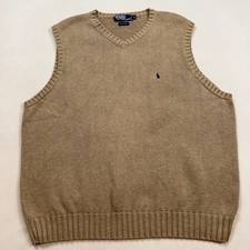 Polo Ralph Lauren Mens XL Tan Khaki V-Neck Cotton Knit Sweater Vest Navy Pony