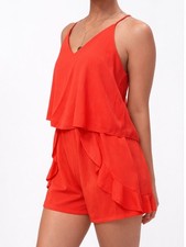 Tyche Red Ruffle Romper Small Flowy Layered V-Neck Summer Vacation Outfit