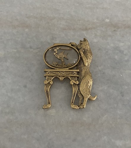 Vintage USA Made 1928 Cat Fish Bowl Gold Tone Brooch Pin - Picture 2 of 5