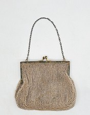 Vintage Petit Beaded Pearl Kiss Lock Purse Handbag Clutch Metal Strap Art Deco