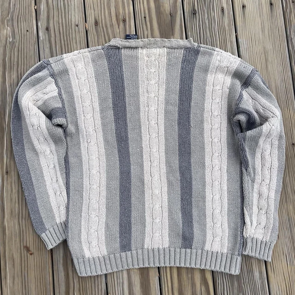 Винтажный 90-х Haggar повседневные кабель трикотажа серый в полоску дедушка свитер мужской M - Изображение 2 из 4
