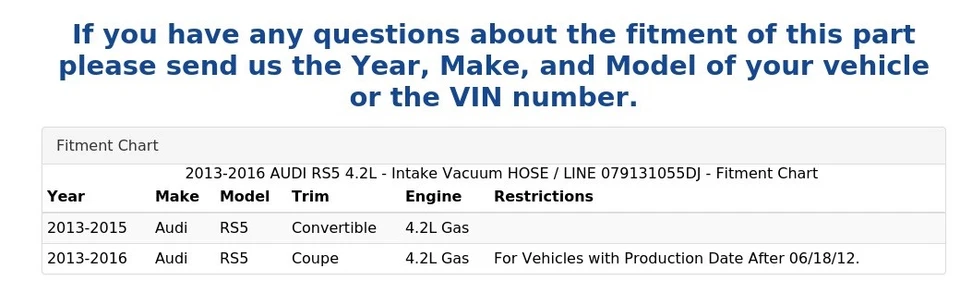 2013-2016 AUDI RS5 4.2L - Intake Vacuum HOSE / LINE 079131055DJ - Image 4 of 4