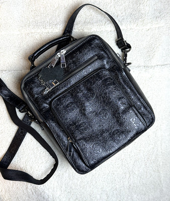 Premium Black Genuine Leather Crossbody Bag Ornate Pattern Small Messenger