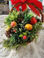 Vintage Christmas Floral Arrangement In Basket Nut Pine Cone MCM Basket 