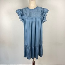 Current air Light Blue Satin Shift Dress Tiered Pleated Short Sleeve Size Medium