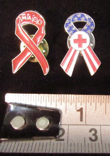 Lot 2 American FLAG RED CROSS & MADD Mothers Against Drunk Drivers RIBBON PINS