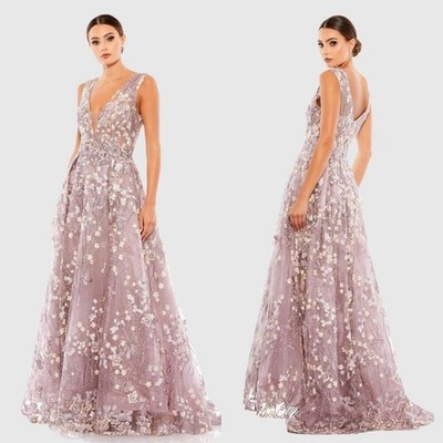 Nwt Mac Duggal Sz 6 Lila Blumenmuster Bestickt Illusion V-Neck Ärmellos Formelle