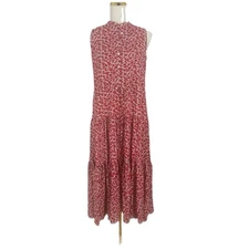 Chaps Womens Tiered Midi Dress Small Red Ditsy Floral Cottagecore Boho Resort